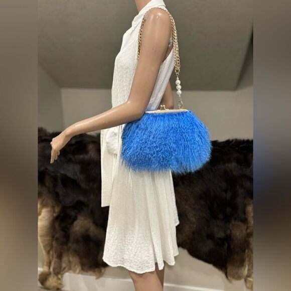 Handmade Real Mongolian Lamb Fur Kisslock Wristlet/Crossbody & 2 Chain Styles - Picture 2 of 15